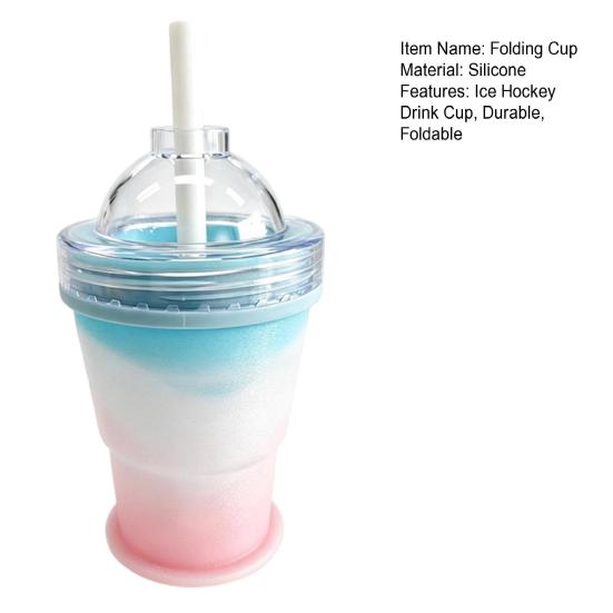DYS Foldable Ice Hockey Cup, with Straw And Lid, Leak Proof Portable Beverage Food-Grade Silicone Summer Cold Drink for Drinks Juice Whiskey