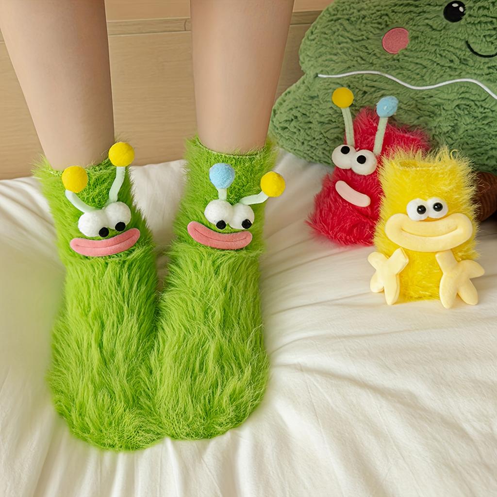 Cute Plush Socks - Soft Warm Winter Socks with Cartoon Design, Hand Washable, Multi-Color, Cozy Indoor & Outdoor Footwear