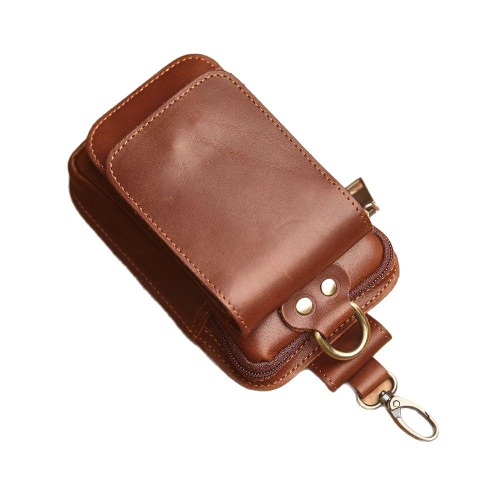 Men's Leather Waist Bag Trendy Men's Outdoor Sports Top Layer Cowhide Leather Bag Crazy Horse Leather Multifunctional Hanging Belt Mobile Phone Bag