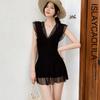 ISLAYCAOLILA Swimdress with Sheer Lace and Flared Padded and DP8 Fleur Women's One-Piece Swimsuit, V-Neck, See-Through Skirt, Wired, (L, Black)