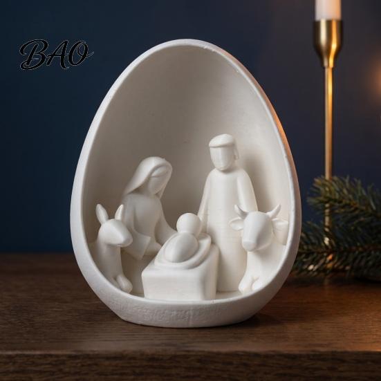 Minimalistická vánoční dekorace Mini betlémová figurka, Vánoce se Svatou rodinou ve vejci, Malé sváteční pokojové doplňky 3D tištěná stolní ozdoba pro
