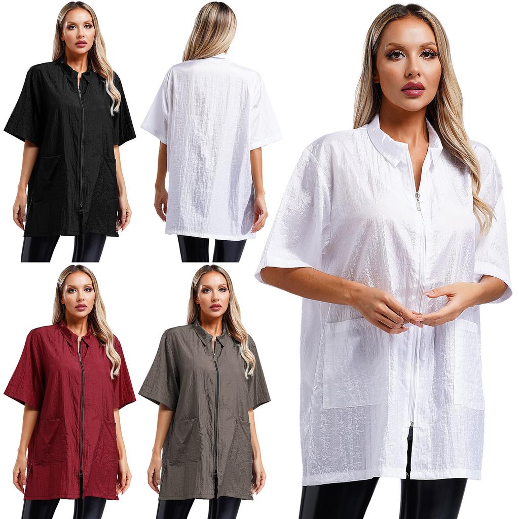 Unisex Herren Damen Wasserdichtes Friseurhemd Kurzarm Atmungsaktive Pflege-Schürze mit Taschen