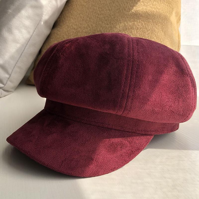 Hat Women's Autumn and Winter New Korean Version Solid Color Suede Octagonal Hat Men's Trendy British Retro Outdoor Newsboy Painter Hat
