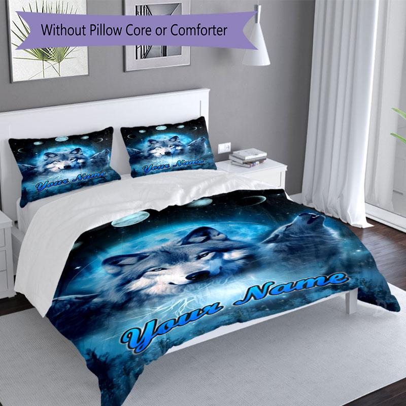 3PC Custom Name Wolf Dreams Blue Bedding Set Duvet Cover Closure Includes 1 Duvet Cover & 2 Pillowcases for Bedroom