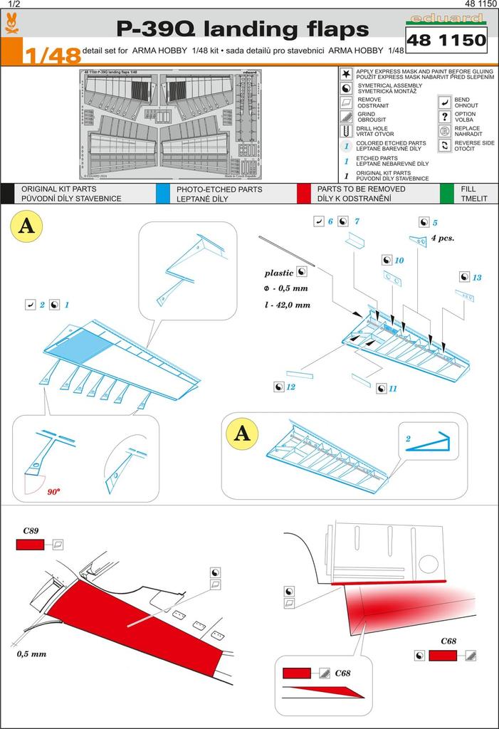 eduard Bell Airacobra Landing Flap Parts Alma Plastic Model Parts EDU481150 1/48 P-39Q Photo-Etched (for Hobby)