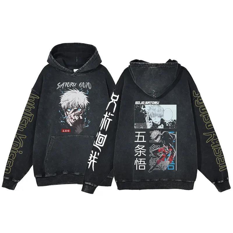 Anime Jujutsu Kaisen Ryomen Sukuna Print Washed Hooded Men Manga Vintage Hoodies Casual Cotton Streetwear Harajuku Sweatshirt