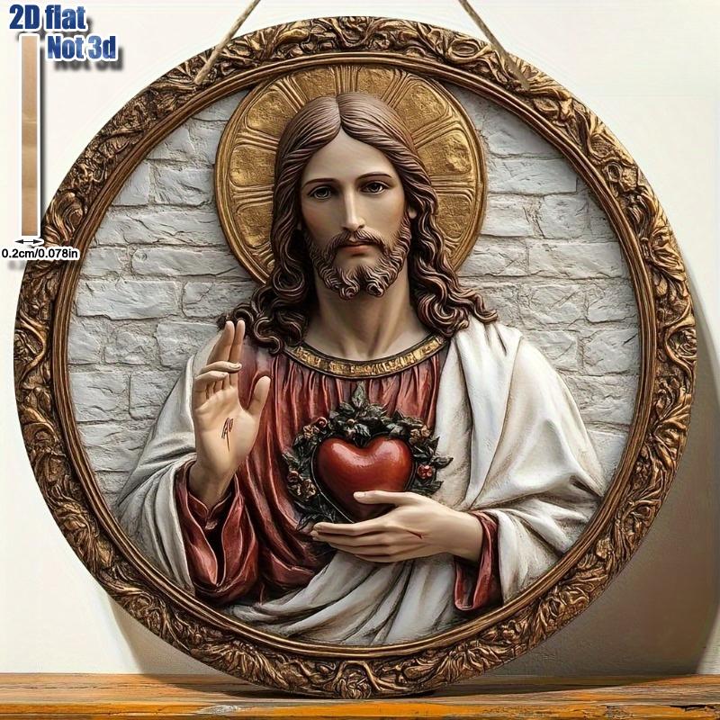 2D Flat Vintage Round Wooden Wall Decor - Sacred Heart of Jesus Religious Decoration, No Power Needed, Ideal Holiday Gift, Home Decor for Living