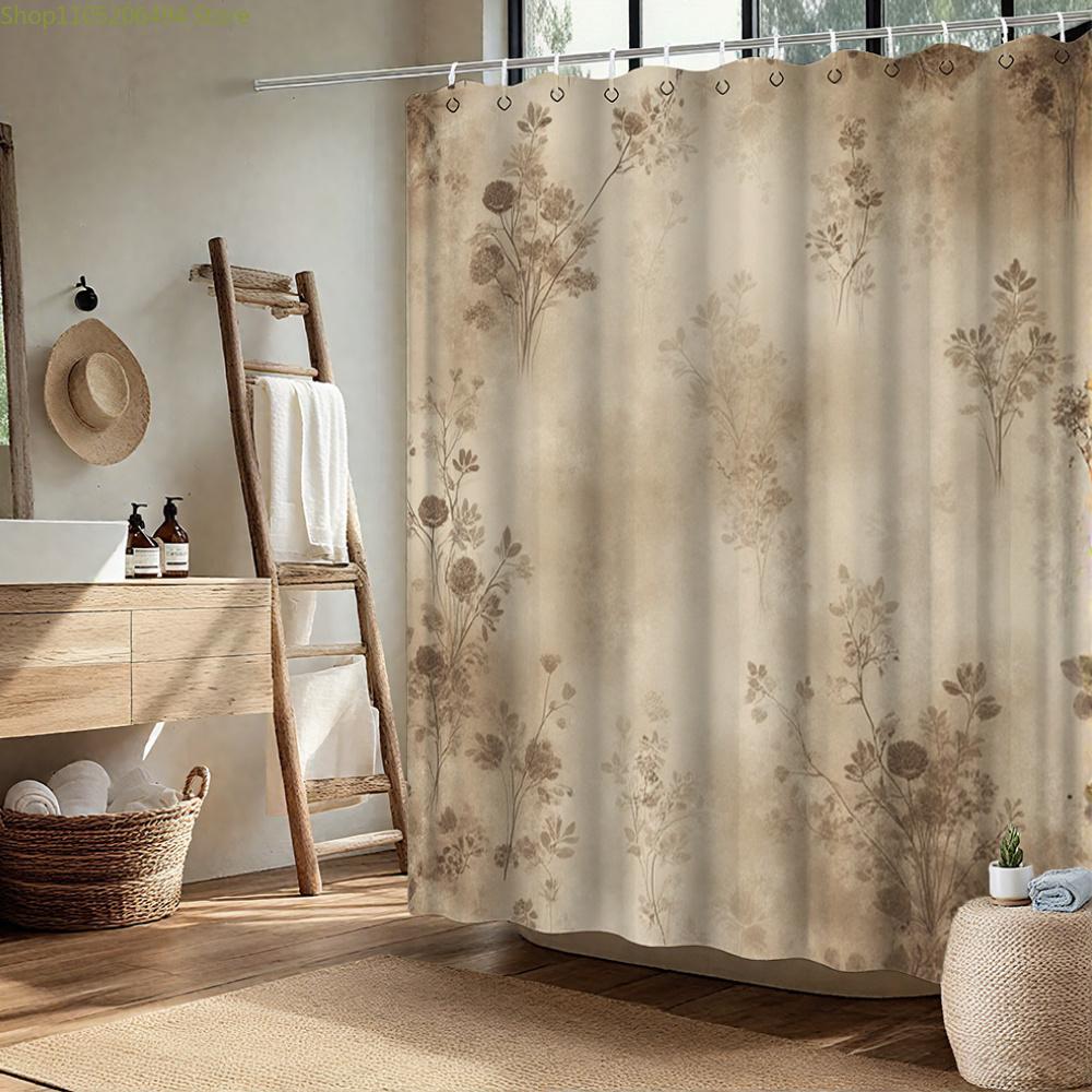1 Stück 2D Flaches Vintage Blumenmuster Badezimmer Duschvorhang, Braun und Beige Stil Mit Haken, Für Fenster- & Wanddekoration Im Badezimmer