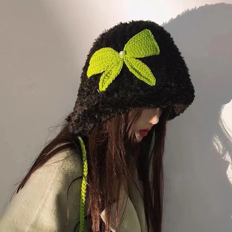 Women s Handmade Crochet Bow Plush Winter Hat