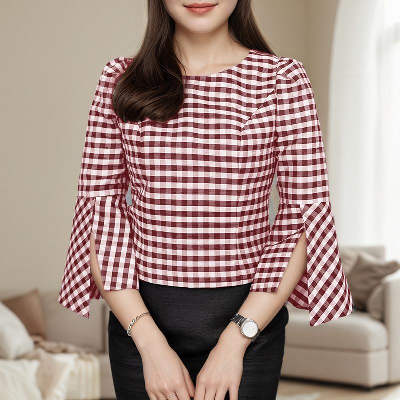 ZANZEA Women Casual Round Neck 3/4 Sleeve Loose Plaid Print Blouse