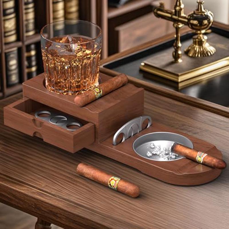 Multi Function Solid Wood Cigar Ashtray with Drawers Whiskey Cup Holder Tray Cigar Box Accessories Holder Smoking tools