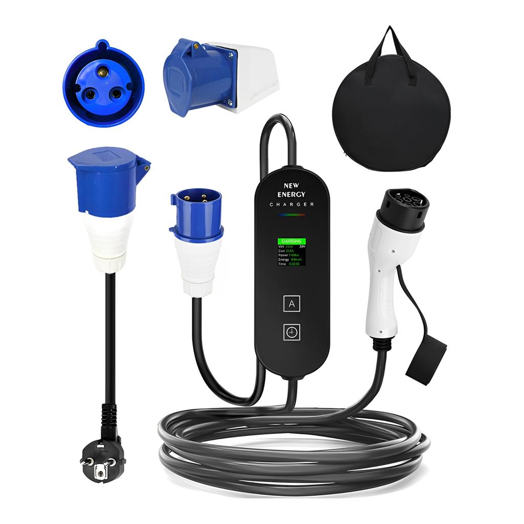 Portable 7KW 32A Type 2 EV Charger 5M/10M Single Phase CEE 3PIN EU Plug LCD Color Screen Car Electric Charger Car Accessories