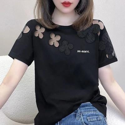 Damen T-Shirt mit V-Ausschnitt, kurzärmelig, elegant, Sommermode, einfarbig, Spitze, aushöhlen, Damen-T-Shirt, lässig, lockere Größe