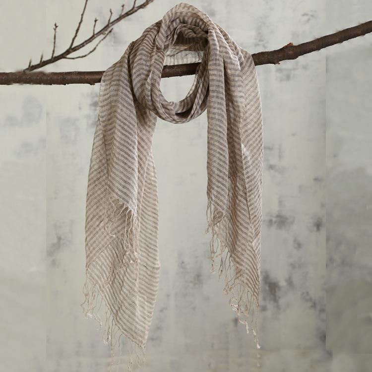 Linen Primary Color Dark Striped Couple Scarf Natural Men'S Lengthened Fringed Linen Scarf Japanese And Korean Popular Silk Scarf