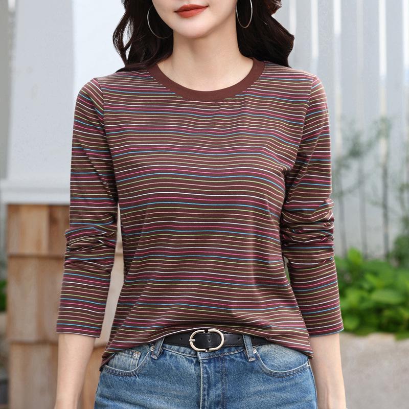 

Women s Striped Long Sleeve T-shirt - 2025 Fashion Slimming Base Layer, Chic Casual, Age-Defying Top for Spring and Autumn XL (60-65 kg) кавовий