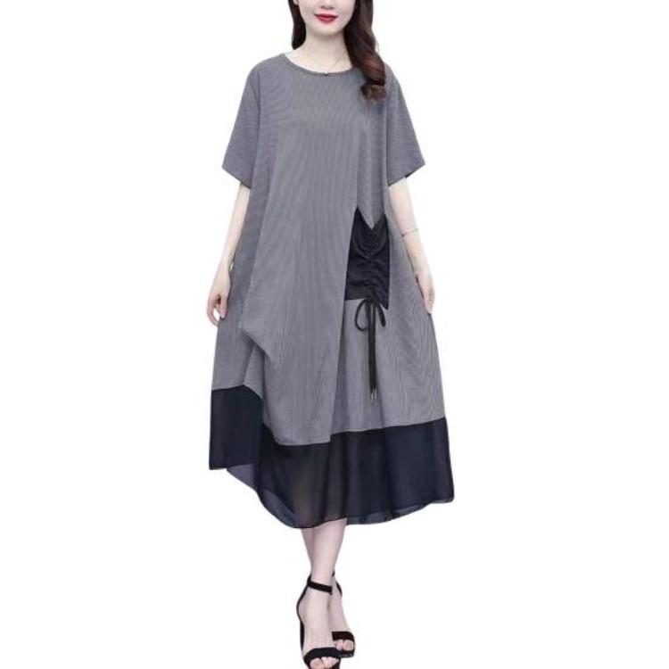 

Plus Size Summer Dress for Women Casual Commute Midi Mesh Patchwork Color Matching Short Sleeve Round Neck with Patch Pocket Drawstring Chubby Lady L серый