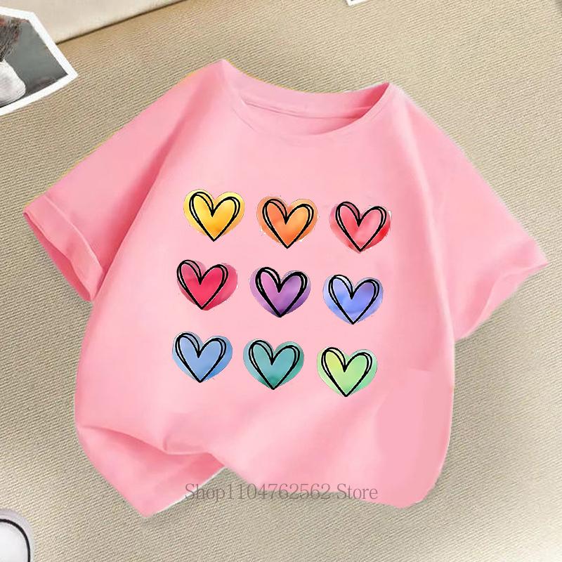 Heart Graphic Print Children Tshirts Summer Casual Fashion Kawaii Girls Colorful Tops Kids ONeck Short Sleeve Tshirts