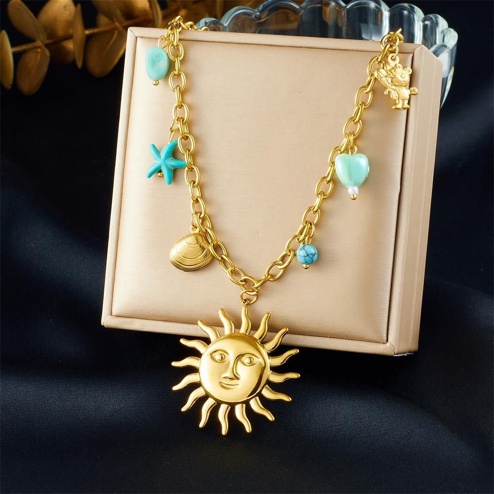 DIEYURO 316L Stainless Steel Golden Personality Sun Serie Multi Pendant Necklace Women New Fashion Neck Chain Vacation Jewelry