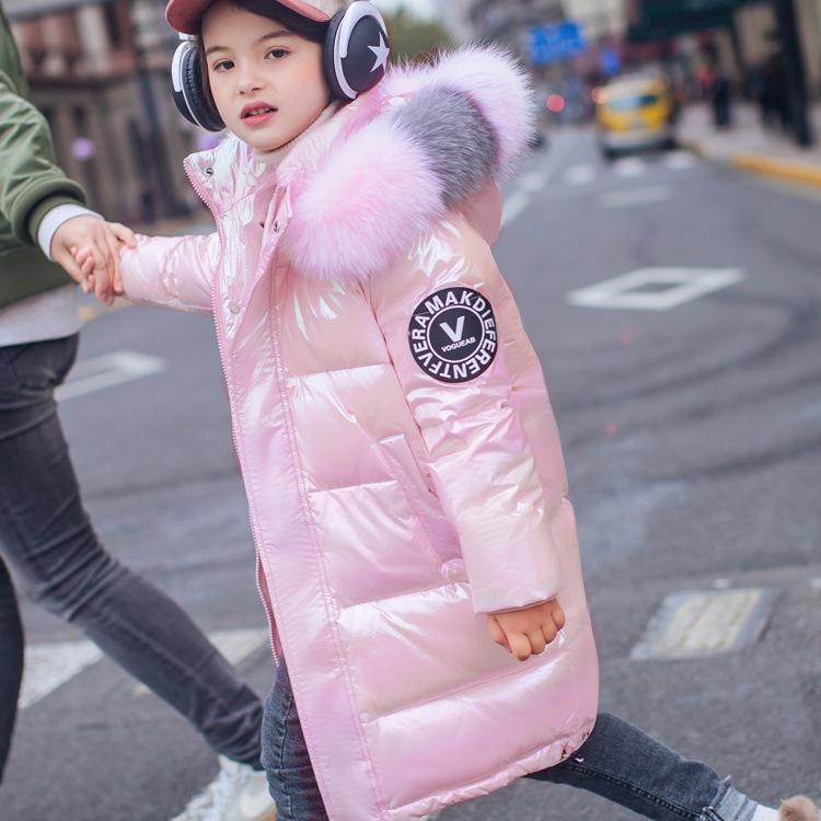

Winter new children s fleece thickened bright leather cotton-padded coat girls real fur collar long warm cotton-padded jacket winter 170cm рожевий