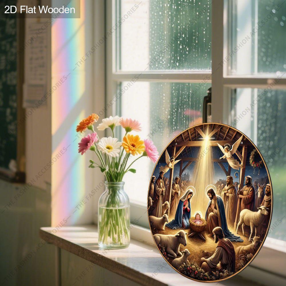 Nativity Scene Holy Family Angel Sheep Round Wooden Hanging Sign, Christmas Religious Wall Door Decor