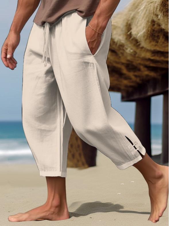 Men s Casual Cotton Linen Drawstring Waist Pocket Pants for Summer 2026 M хаки