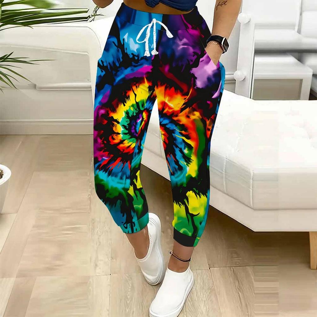 Summer Ladies Color Vortex Tie Dyeing Printed Sweatpants Loose Fit Drawstring Joggers Elastic Cuff Daily Casual Pants