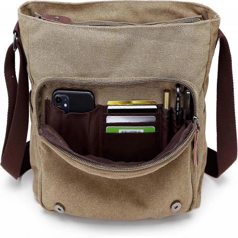 Canvas Leder Umhängetasche für Herren 15,6 Zoll Laptop, Vintage Schulter Aktentasche, Arbeitstasche, Schwarz