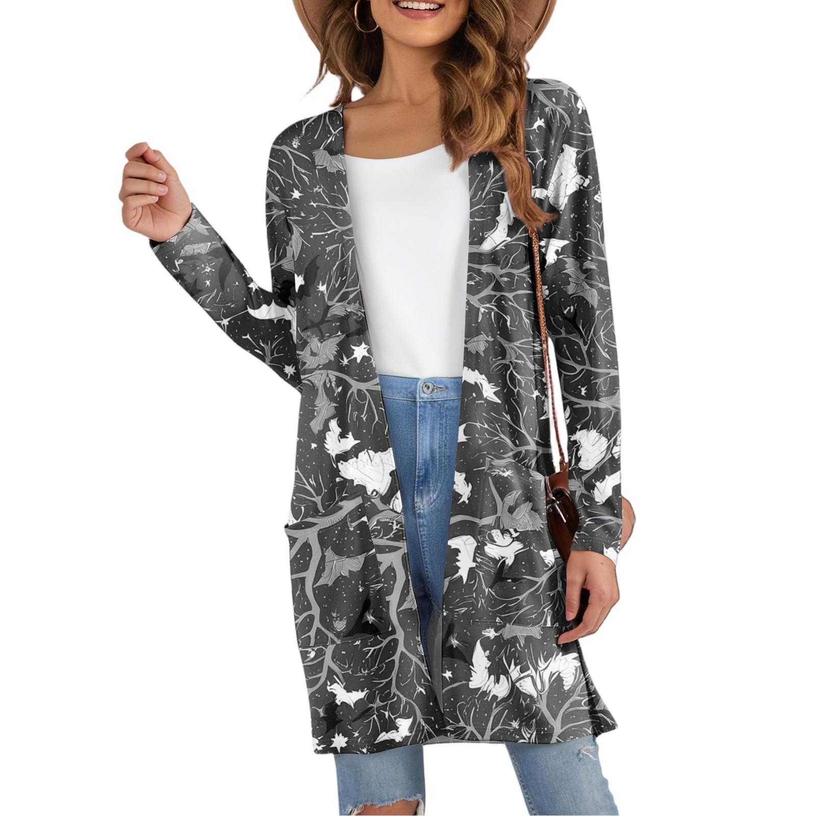 

Женский модный повседневный удобный кардиган средней длины с принтом на Хэллоуин и карманами XXL