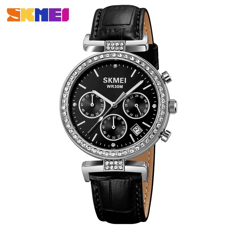 

Новые женские часы с многофункциональным циферблатом, сапфировым стеклом, водонепроницаемым кожаным ремешком, кварцевые часы, подарки для девочек чёрный