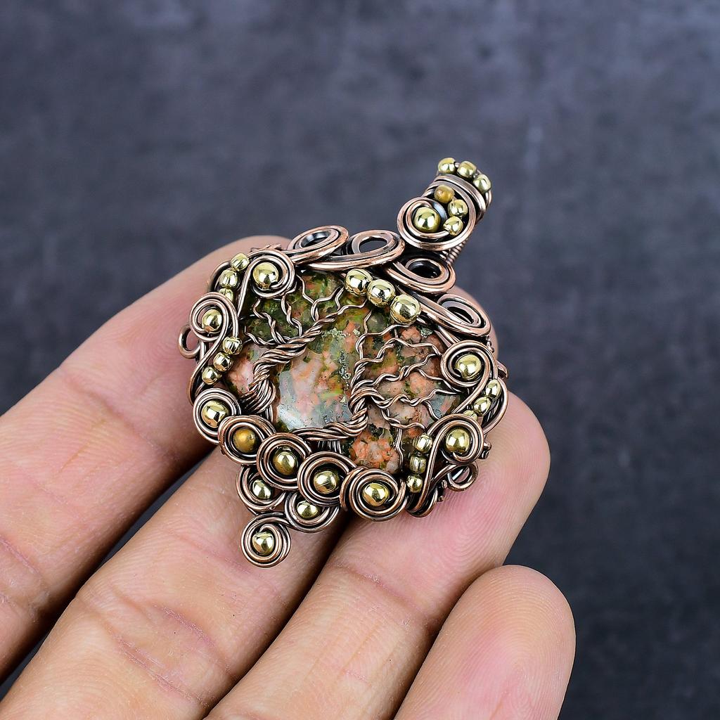 Unakite Handmade Copper Wire Wrap Jewelry Pendant 2.05" U8I93
