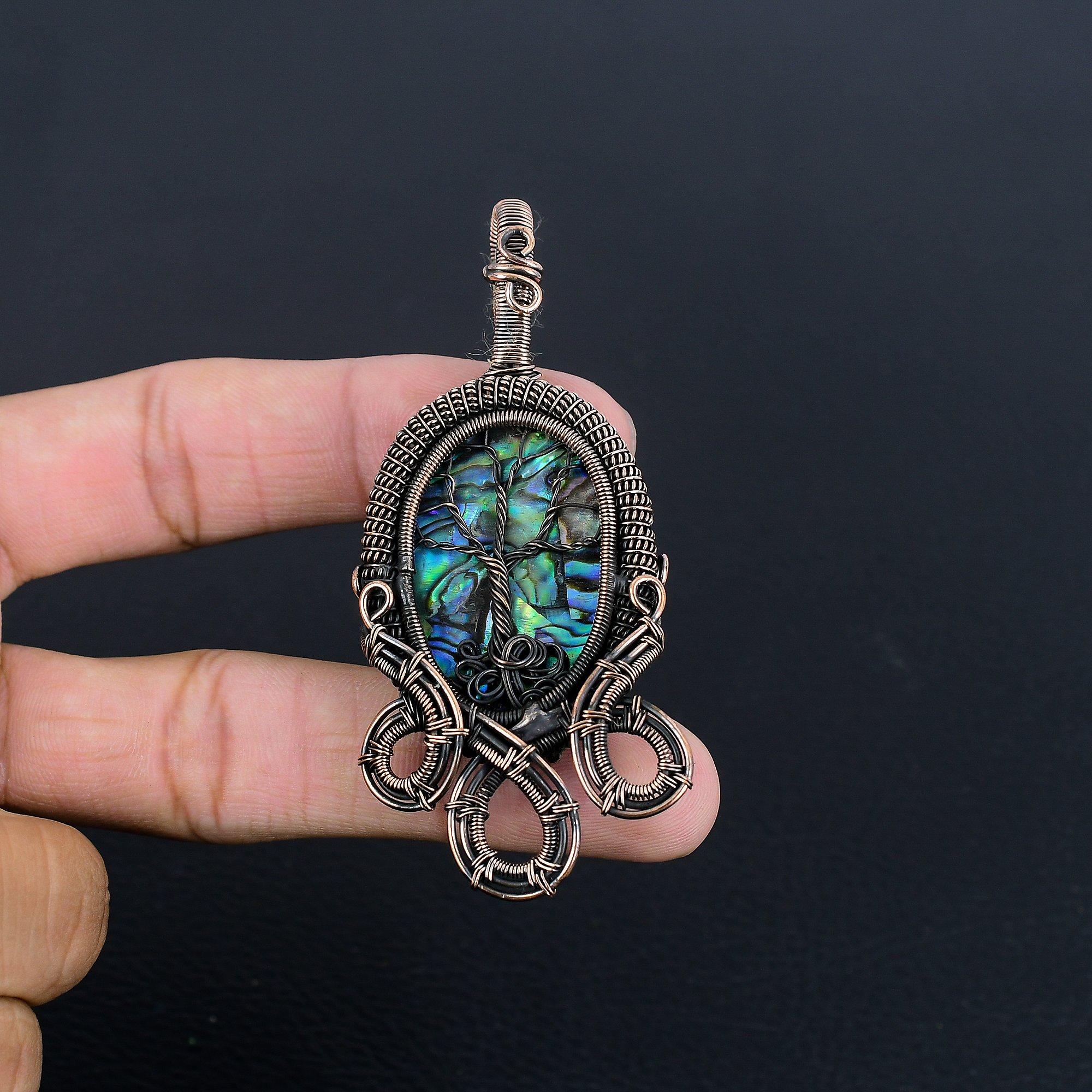 

Abalone Shell 999 Copper Wire Wrapped Pendant, Handmade Gemstone Pendant Jewelry, Gifts For Wife Brand New Pendant 2.55 Inches