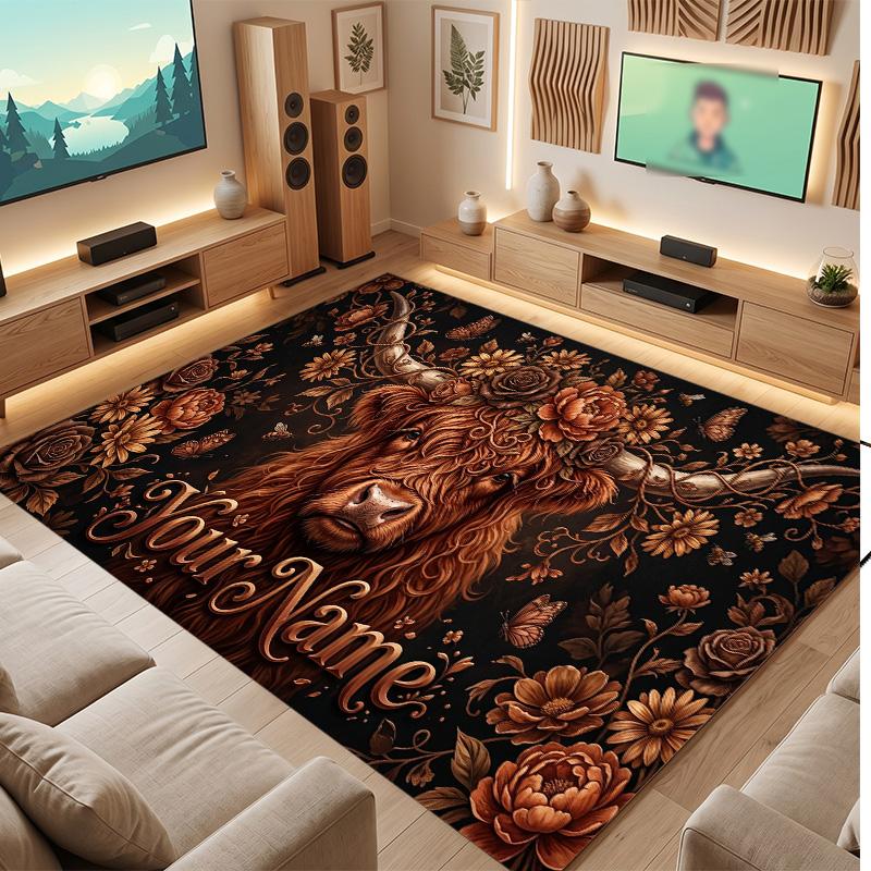Highland Cow Theme Soft Crystal Velvet Rug Custom Name & Text Print Non Slip Floor Rug for Bedroom Living Room