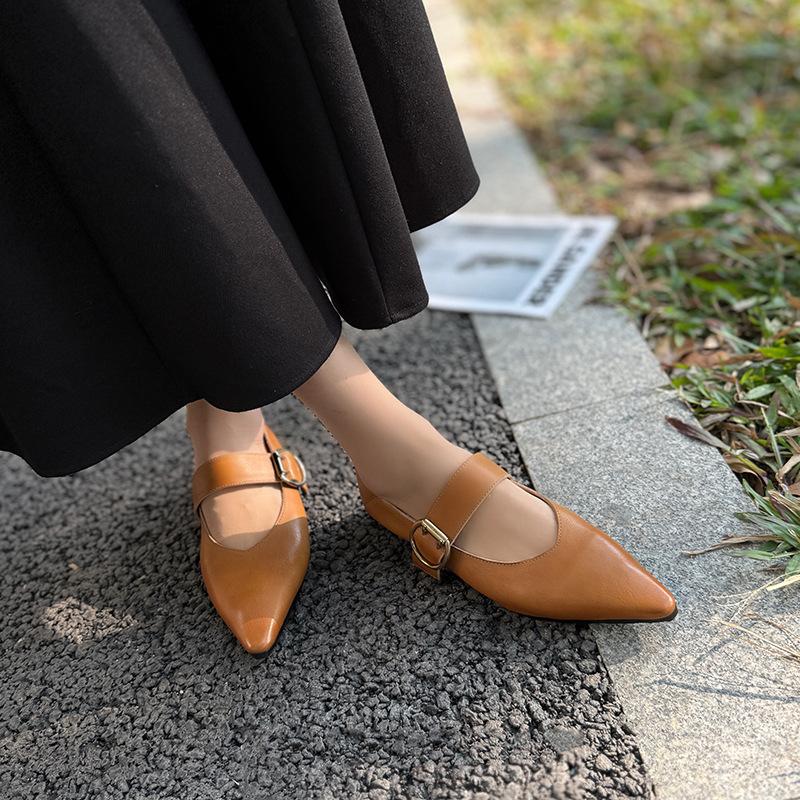 Johnature Retro Mary Jane Pointed Toe Women's Shoes Versatile Genuine Leather Soft Soled Flat Shoes