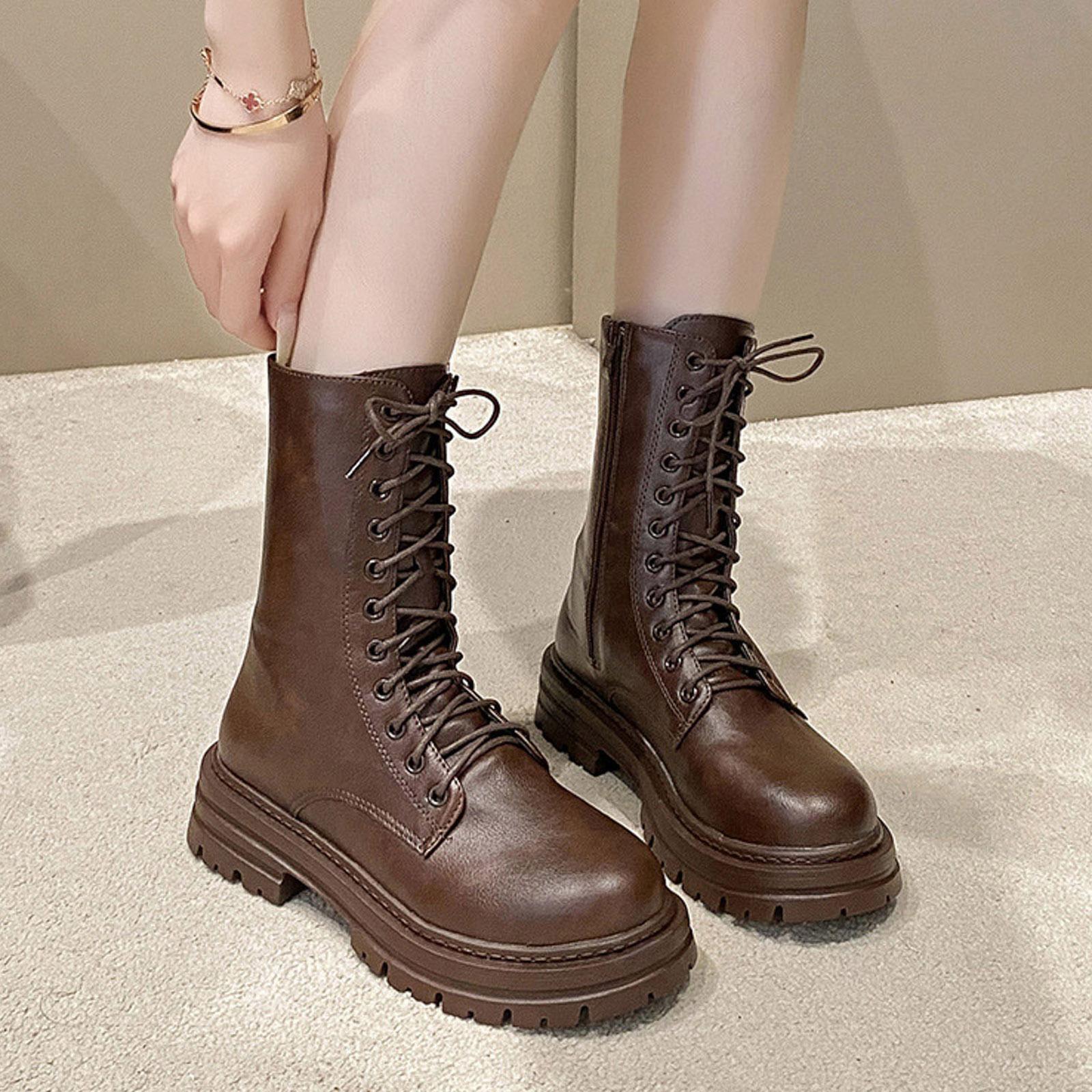 

Thick Soled Women s Lace Up Mid Calf Boots Fashionable And Casual Leather Side Zipper Mid Calf Thigh Boots for Women Wide Calf 36 коричневий