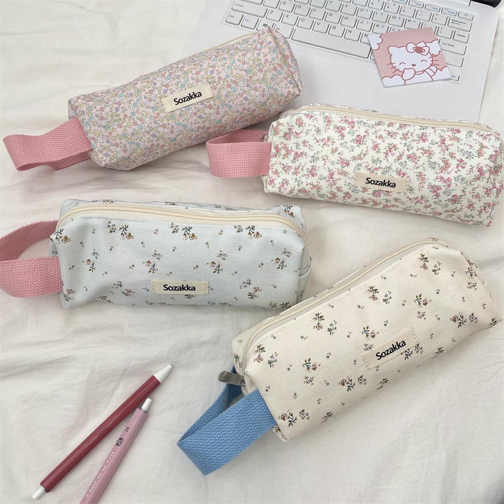 Floral Pattern Tote Pencil Case With Large Capacity For Students And Office Use