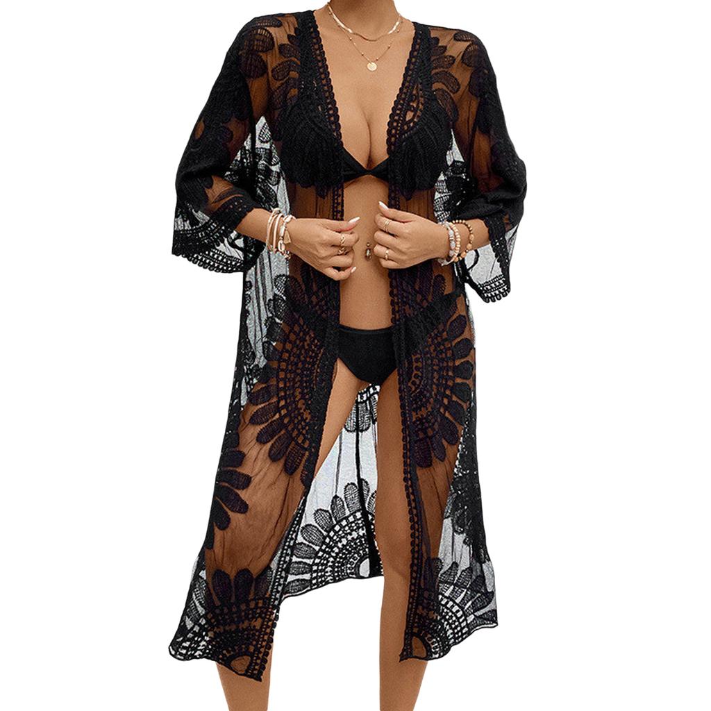 Damen Bikini Cover Up Blumenstickerei Durchsichtige Spitze Strand Kimono für Badeanzug Badeanzug Sommerkleidung