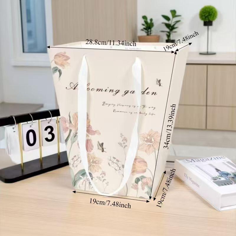 Flower Cake Dessert Packaging Box Portable Flower Gift Bag Kraft Paper Holder Photo Favor Drink Carrier With Handle