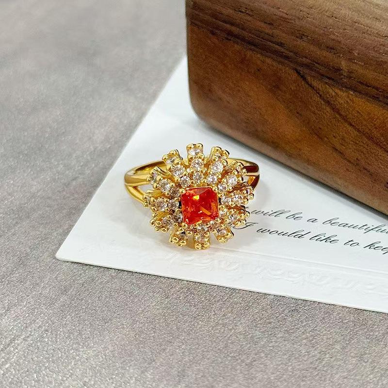 Medieval Vintage Orange Red Zircon Inlaid Simple Open Ring Female Retro Flower Temperament Niche Index Finger Ring