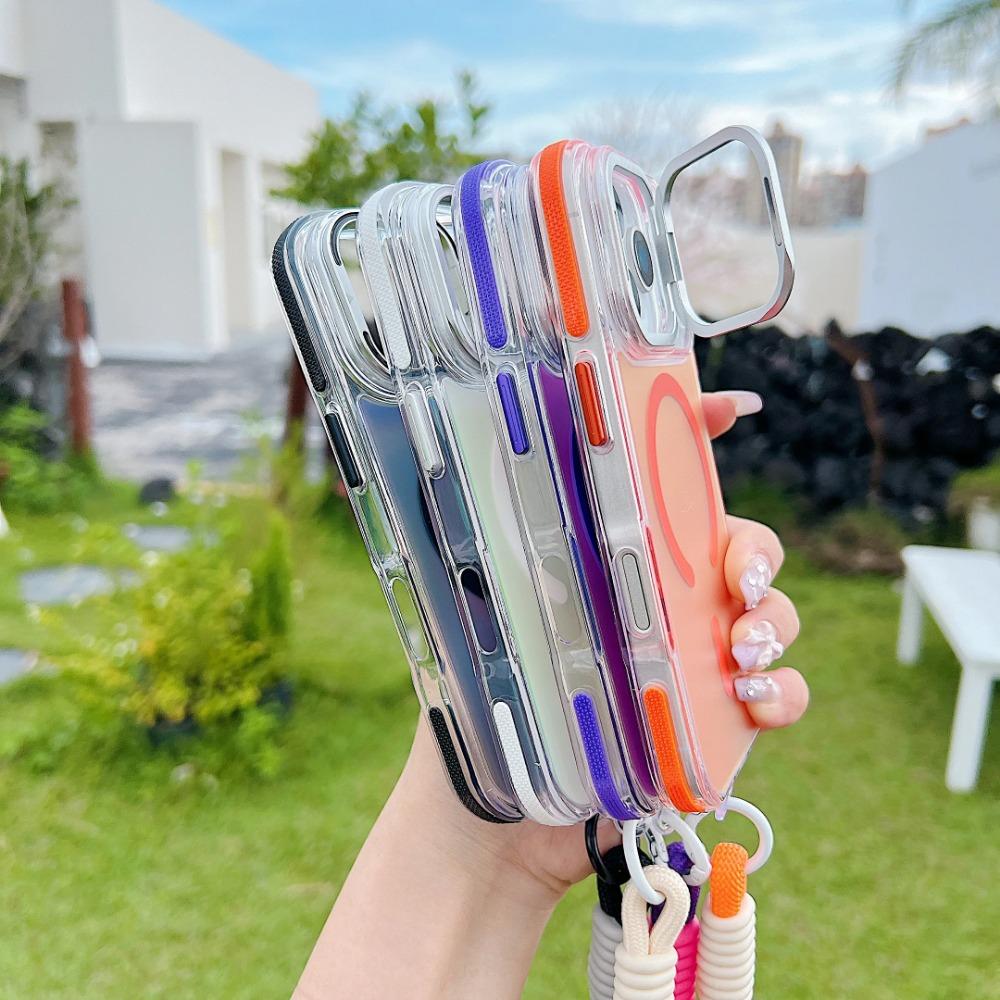 Gradient Color Folding Kickstand Camera Frame Magnetic Phone Case for IPhone 17 Pro Max 17 Wireless Charging Wrist Strap Cover