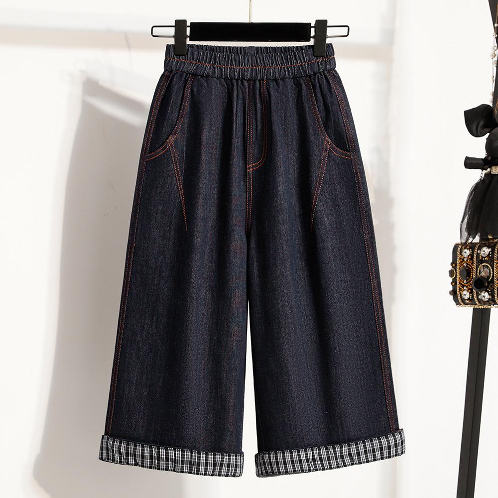DIMANAF 2026 Spring Summer Plus Size Women Long Pants Denim Jeans Elastic Waist Oversize Loose Cotton Plaid Blue