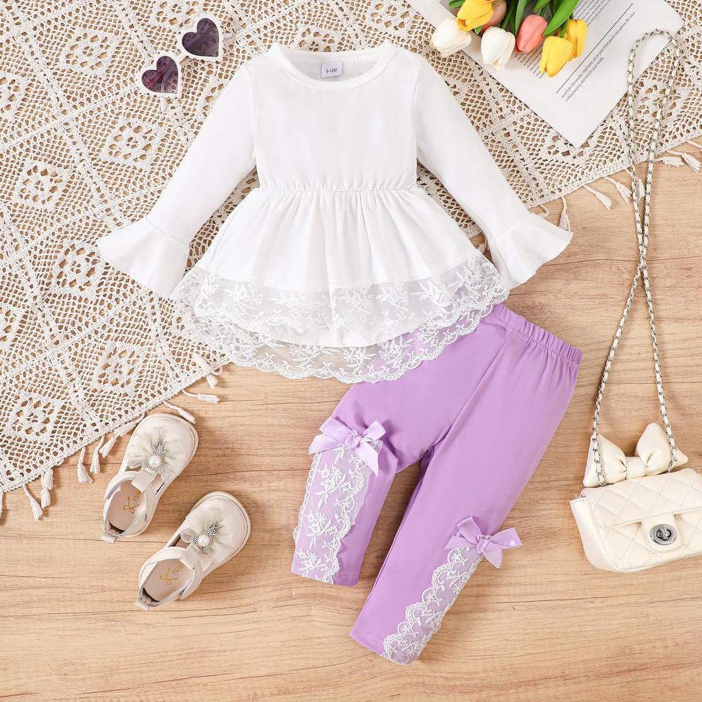 Süßes Kleinkind Mädchen Set Rüschenärmel Oberteil 0-2 Jahre Schleifen Hose 2-teiliges Outfit Neugeborenes Baby Mädchen Kleidung Prinzessin Stil Sommer Frühling