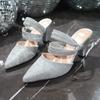 Übergröße One-Word High Heels Fee Sommer Baotou Neu Strass Französische Spitze Flache Sandalen