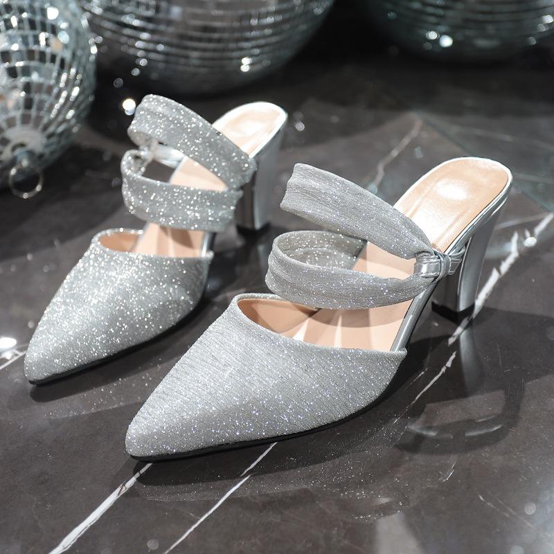 Übergröße One-Word High Heels Fee Sommer Baotou Neu Strass Französische Spitze Flache Sandalen
