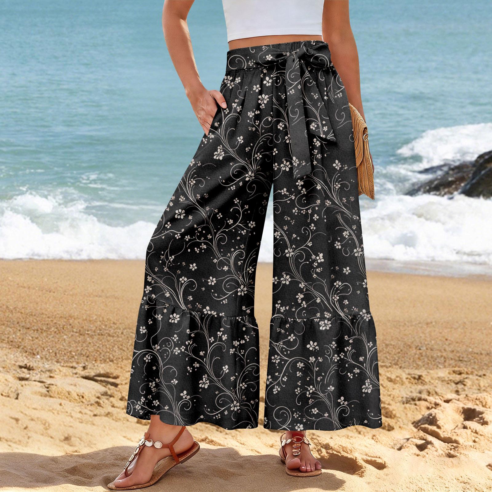 

Women s Wide-Leg Casual Pants, Stretch, High Waist, Ruffled Hem, Wide Legs, Belted, And Pockets XXL