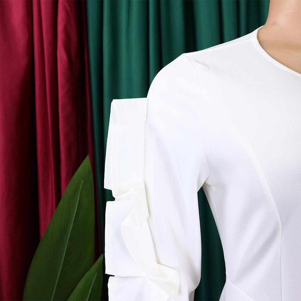 YYFS Női divat tavaszi őszi egyszínű nyomtatással, hosszú ujjú O-nyakú, magas derekú alkalmi ruhák