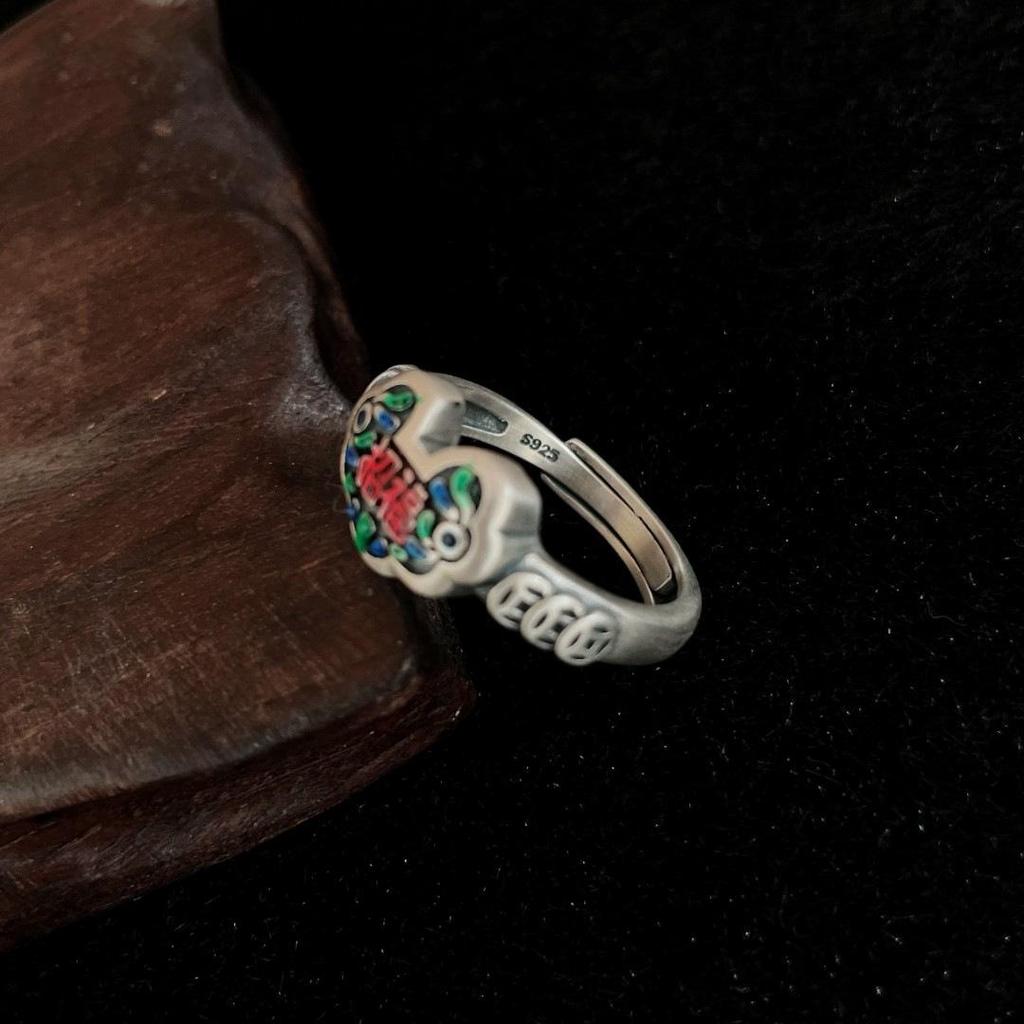 Retro Pure Silver S925 Enamel Lucky Lock Adjustable Ring