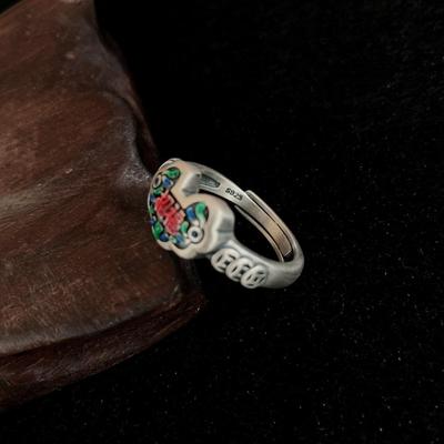 Bague réglable en argent pur S925 émaillée cadenas porte-bonheur rétro
