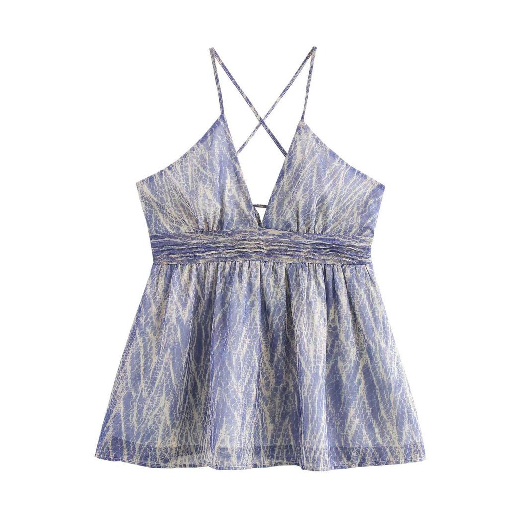 Spring/Summer 2025 Sexy Backless V-Neck Spaghetti Strap Short Print Dress