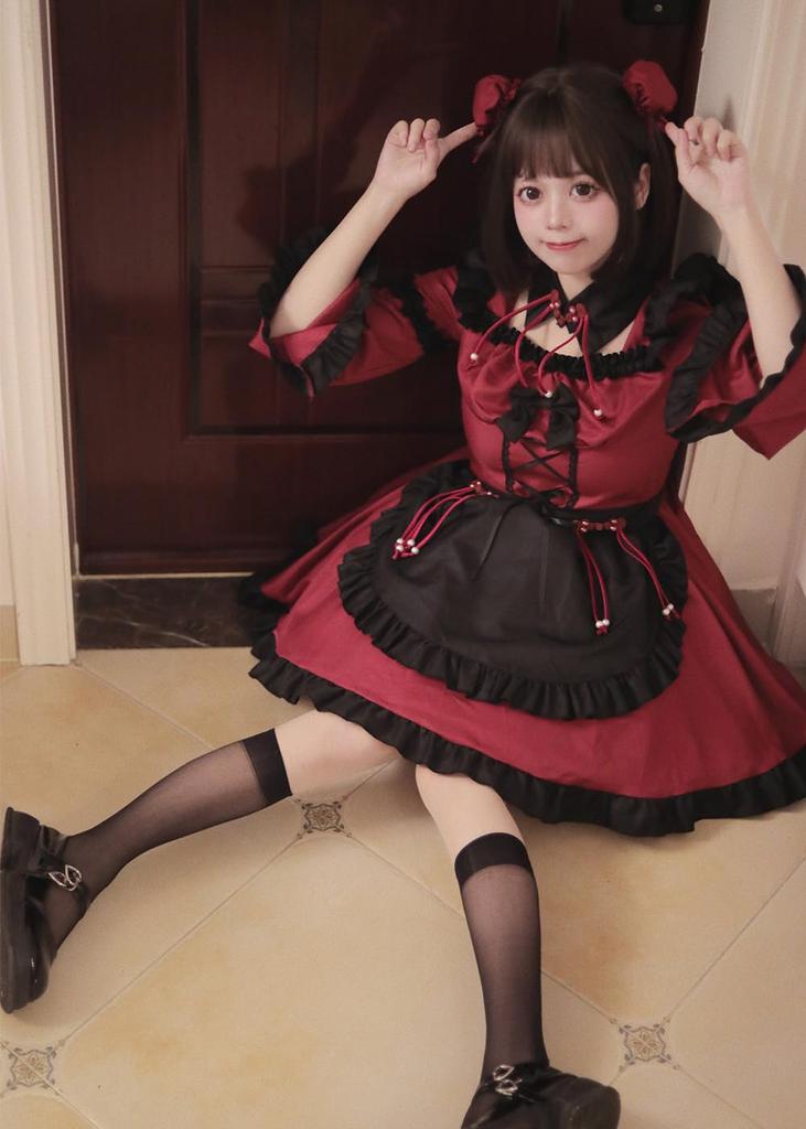 Red Lolita Maid Open Perfect for and Stage Long Cute Set for Women and Includes Socks [RPFLQ] Dress, Chest, Cafes, Halloween, Cosplay, Wear. Sleeves,