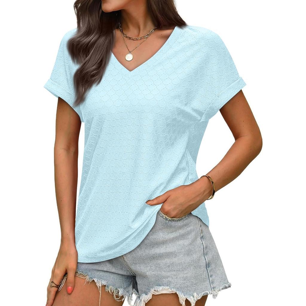 Women's Fashionable Casual Solid Color V-Neck Breathable T-Shirt Short Sleeved Top